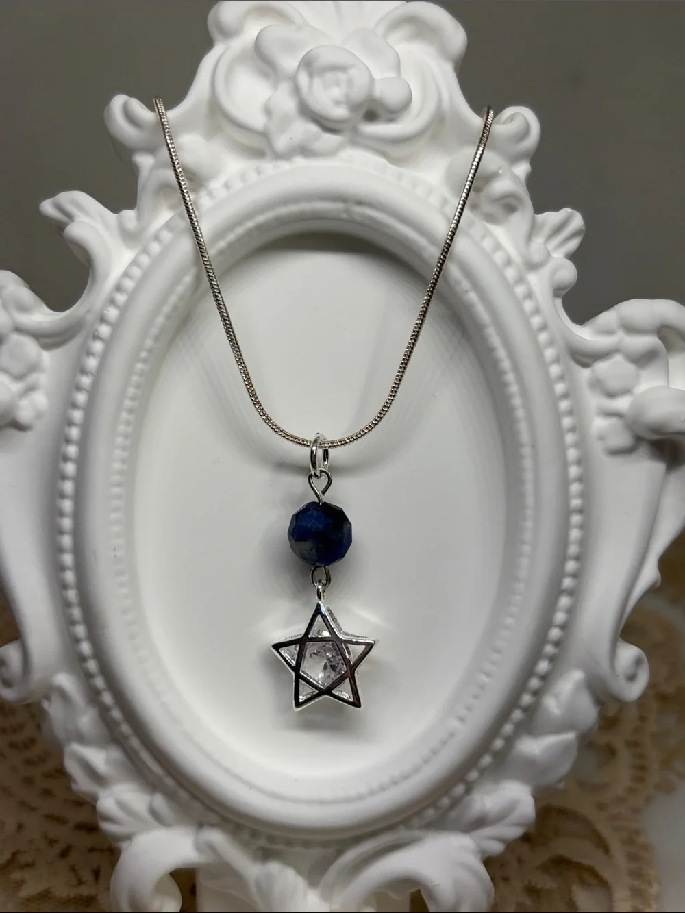 Handmade Sterling Silver Lapis Lazuli Star Necklace 925 Box Chain Celestial CZ